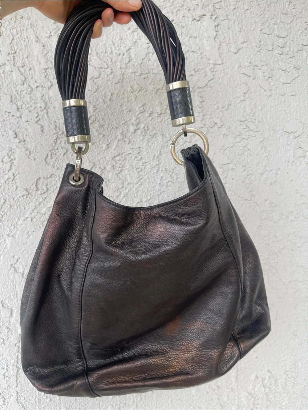 Michael Kors Dark Brown Leather Hobo with Silver-Tone Hardware